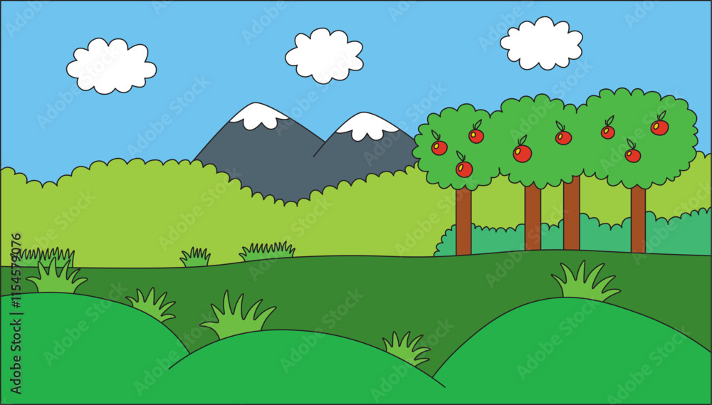 summer green meadow with apple trees growing on it, large bushes and snowy mountains in the distance under a blue sky with clouds summer green meadow with apple trees growing on it, large bushes and snowy mountains in the distance under a blue sky with clouds