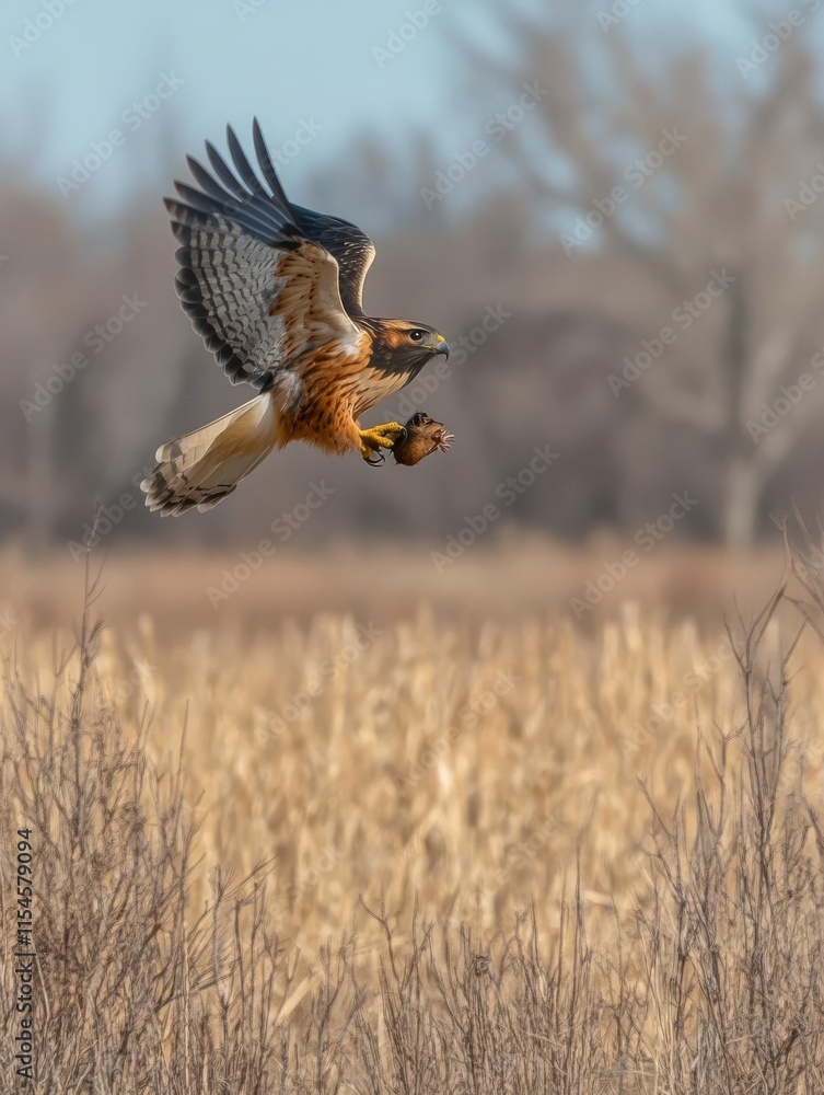 Fototapeta premium A hawk in flight over a field, showcasing its hunting prowess and natural beauty.