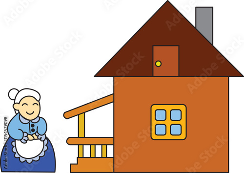 elderly gray-haired happy woman grandmother in blue clothes and white apron stands near house with chimney