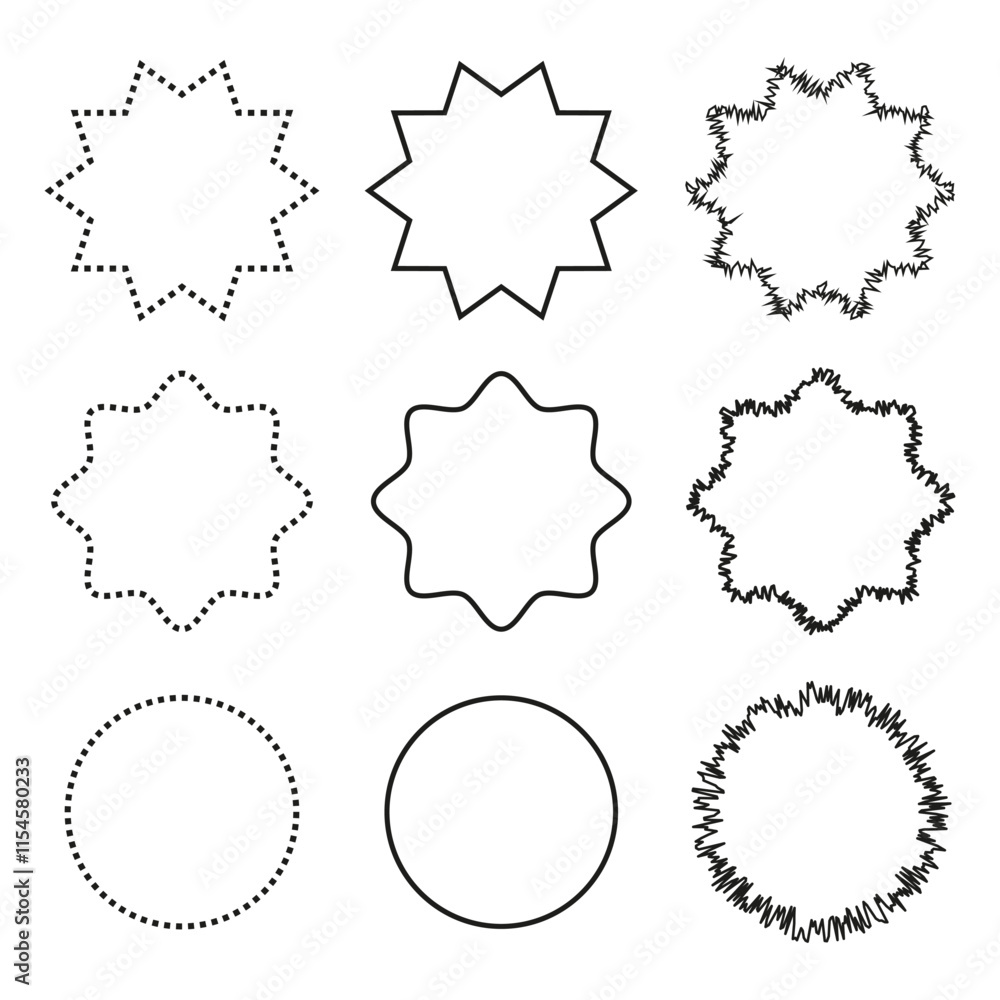 Geometric star shapes. Abstract dotted outlines. Creative frame icons. Vector black design. Geometric star shapes. Abstract dotted outlines. Creative frame icons. Vector black design.
