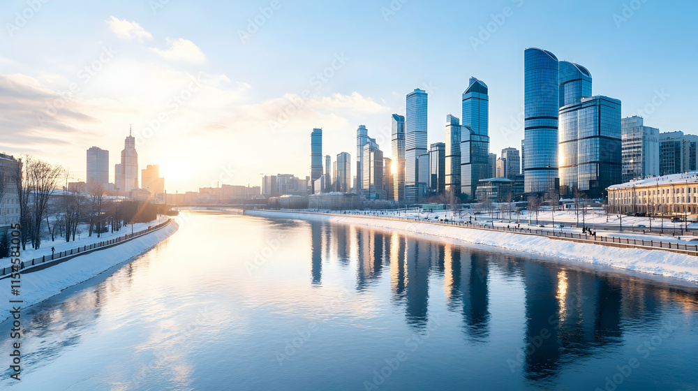 Naklejka premium Cityscape Sunrise Reflection Winter River Modern Buildings.