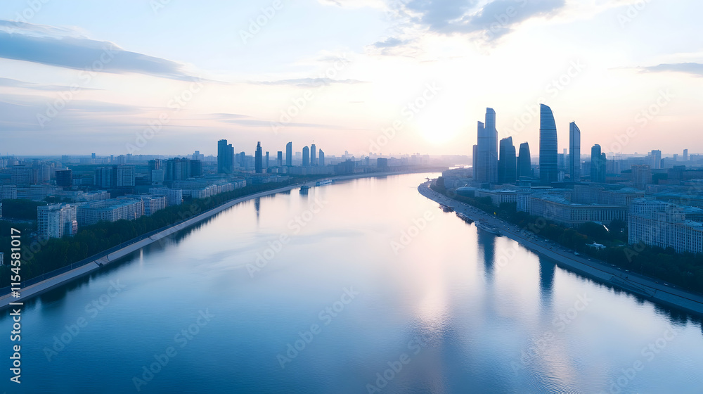 Fototapeta premium Cityscape Sunrise River Reflection Aerial View.