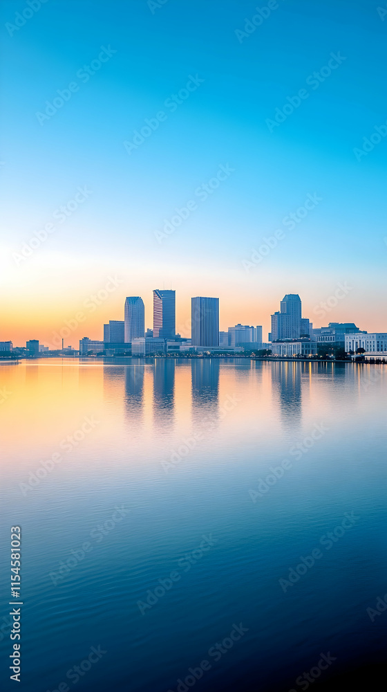Naklejka premium Cityscape sunrise reflection, calm lake, urban dawn, buildings, tranquil, website banner.