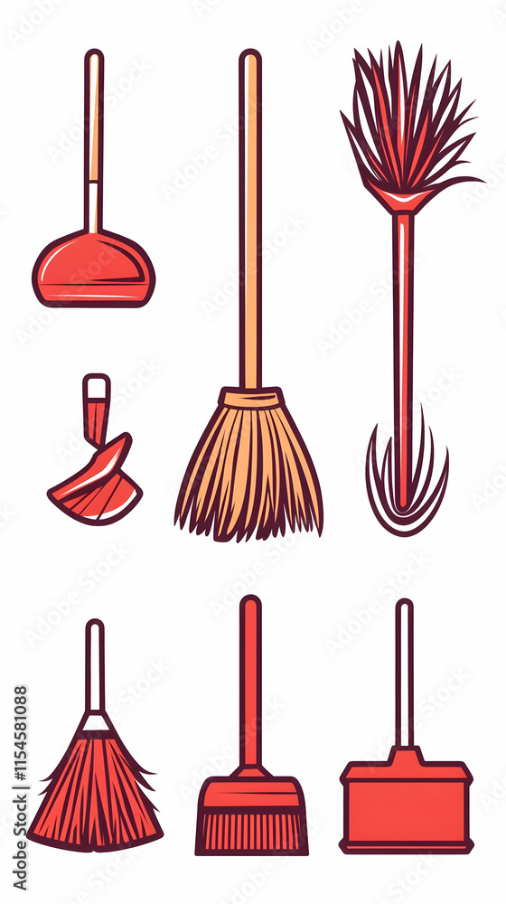 Naklejka premium Cleaning tools illustration, broom, dustpan, brush, housework, graphic design, website, app.