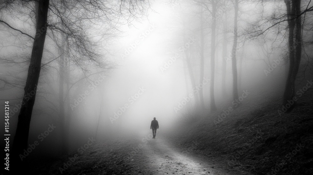 Fototapeta premium Solitary Figure Walking Through Foggy Woods