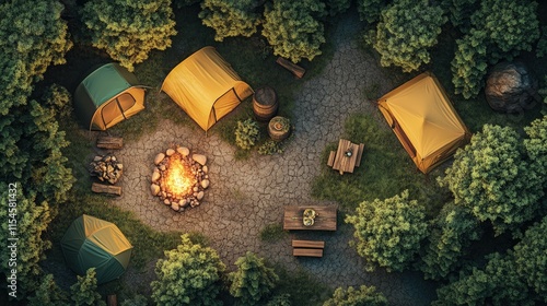 A detailed top-down view of a campsite with a picnic setup, tents, and a roaring campfire. photo