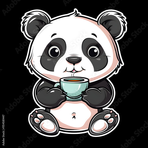 A cartoon panda bear is holding a cup of coffee photo