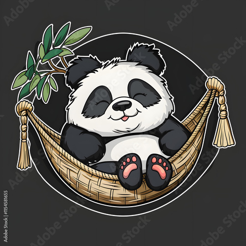 A cartoon panda bear is sleeping in a hammock photo