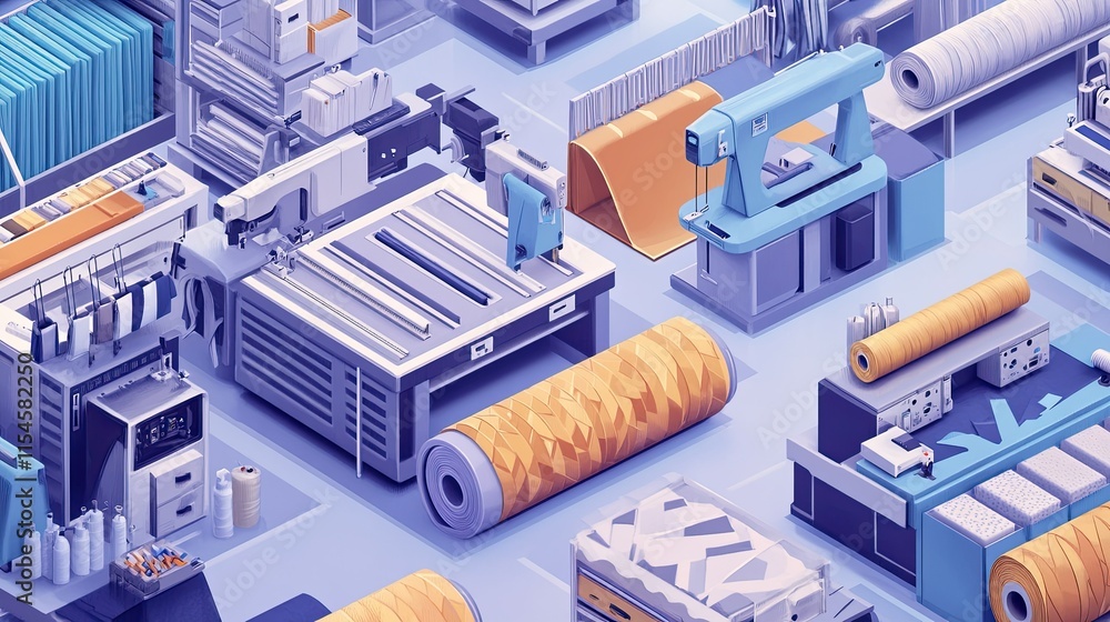 A high-detail banner for a clothing manufacturing facility, with sewing machines, fabric rolls, and pattern cutting areas A high-detail banner for a clothing manufacturing facility, with sewing machines, fabric rolls, and pattern cutting areas