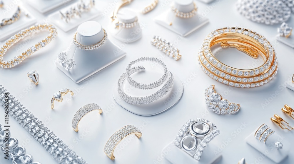 A jewelry shop banner showcasing elegant gold and silver necklaces, rings, and bracelets on a pristine white background. A jewelry shop banner showcasing elegant gold and silver necklaces, rings, and bracelets on a pristine white background.