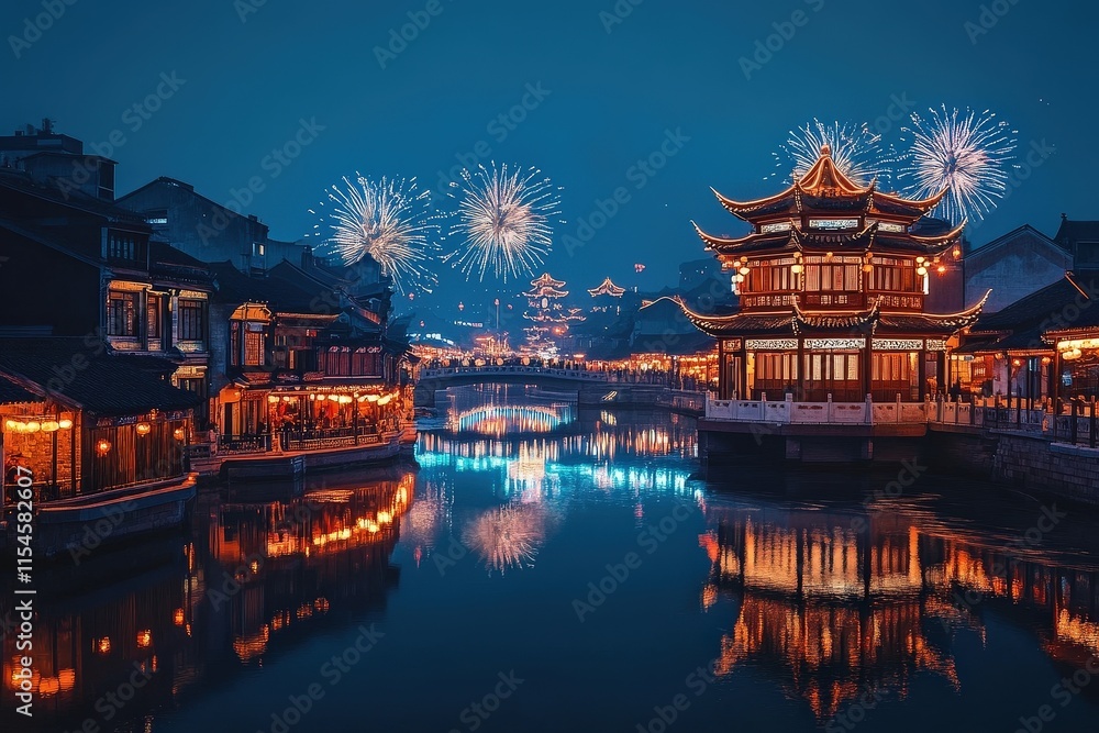 Naklejka premium Night Scene in China: Festive Waterway with Firework Display