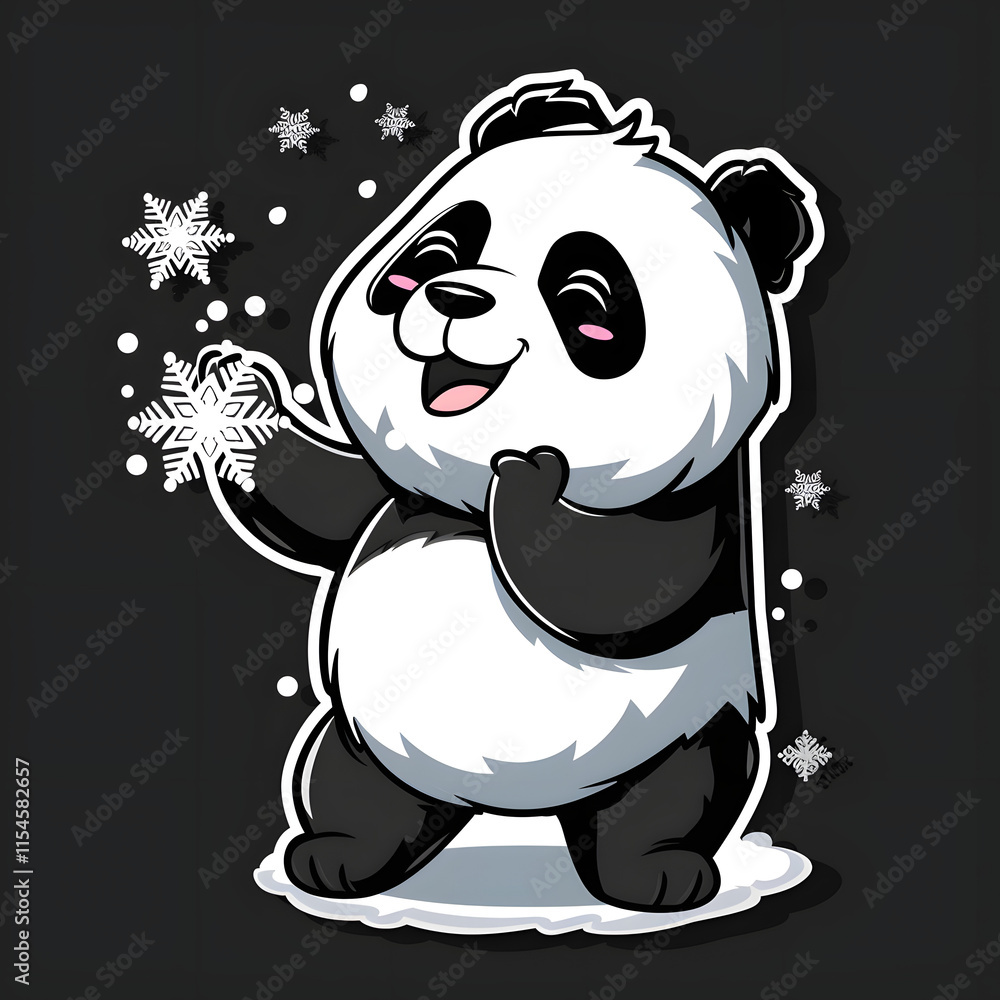 Fototapeta premium A cartoon panda is holding a snowflake
