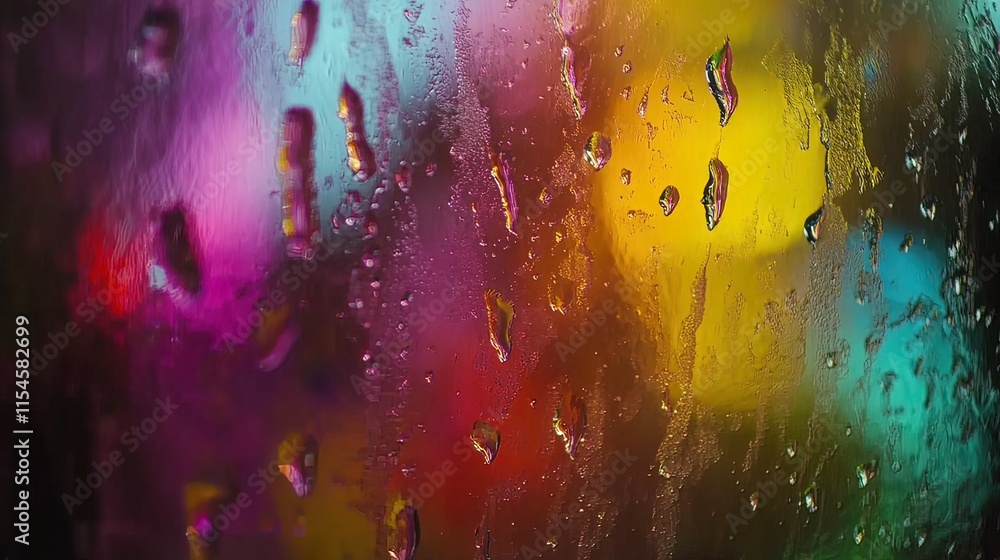 Obraz premium Rain drops on glass with colorful bokeh lights.