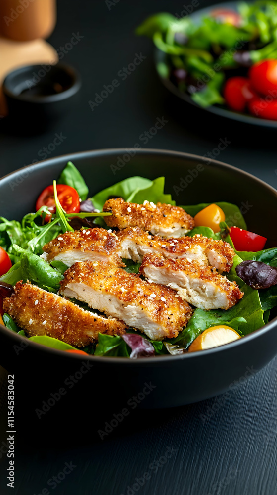 Crispy Chicken Salad Bowl, Dark Background, Restaurant Setting, Healthy Meal. Crispy Chicken Salad Bowl, Dark Background, Restaurant Setting, Healthy Meal.