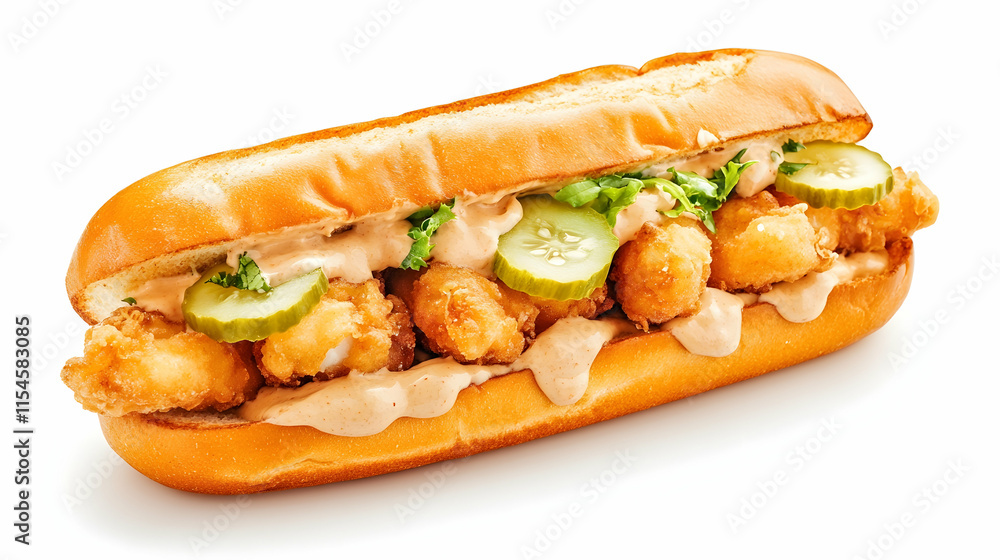 Crispy Fried Fish Sandwich with Sauce, Pickles, Studio Shot, White Background, Food Menu. Crispy Fried Fish Sandwich with Sauce, Pickles, Studio Shot, White Background, Food Menu.