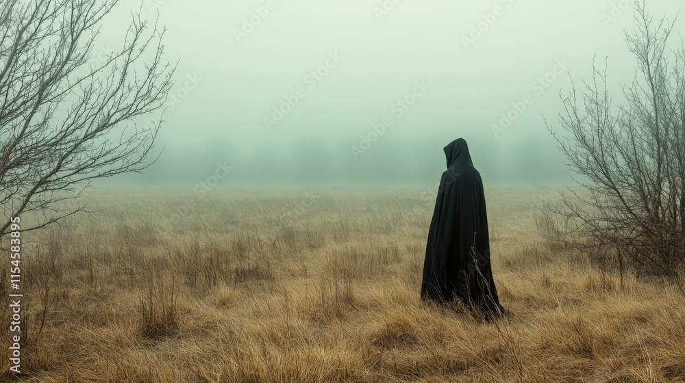 Mysterious Figure in Foggy Meadow Landscape