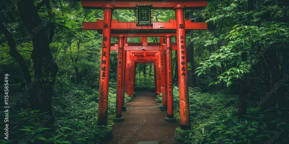 A serene pathway lined with vibrant red torii gates in a lush green forest. A serene pathway lined with vibrant red torii gates in a lush green forest.