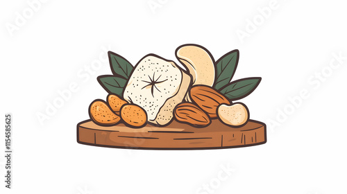 Dried fruits and nuts on wooden board, healthy snack, food illustration, website design.