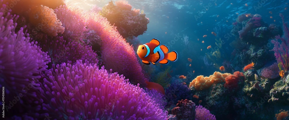 Fototapeta premium A vibrant underwater scene featuring a clownfish among colorful coral.
