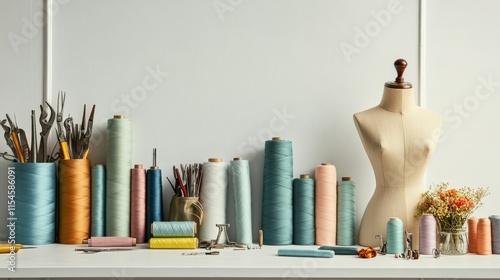 A works banner with sewing tools, fabric rolls, and a tailor mannequin on a neat white setup.