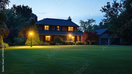 Suburban Home Exterior at Dusk, where recessed floodlights accentuate the modern architectural lines of the house, casting dramatic shadows across the manicured lawn. photo