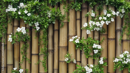Bamboo fence adorned with climbing ivy and small blossoms, blending natural elements into the design.