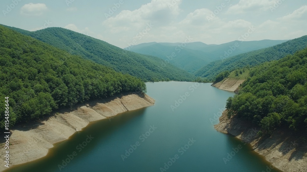 Serene Aerial View of a Calm Lake Surrounded by Lush Green Mountains Serene Aerial View of a Calm Lake Surrounded by Lush Green Mountains