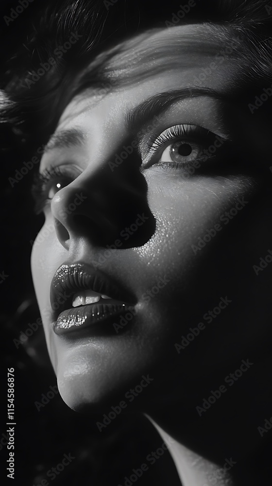 Dramatic black and white portrait of a woman's face, lit from above, showing strong shadows and highlights. Dramatic black and white portrait of a woman's face, lit from above, showing strong shadows and highlights.