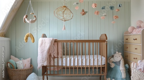 The rustic charm of a vintage crib, surrounded by gentle pastel colors and a quirky mobile above, making for a cozy nursery corner. photo