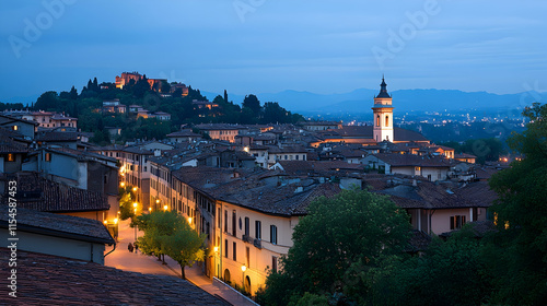 Evening panoramic view of Asolo, Italy, showcasing illuminated streets, castle, and church; travel, tourism.