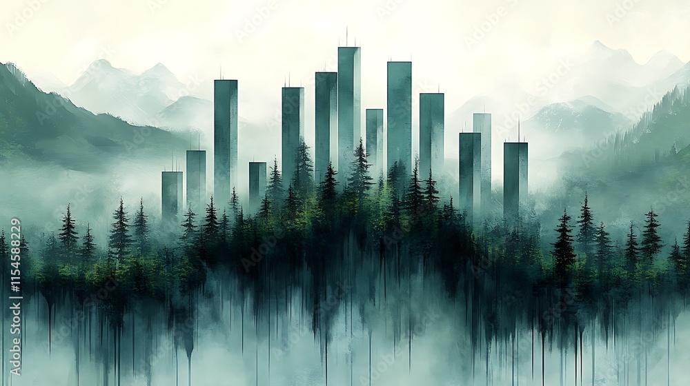 Fototapeta premium Cityscape Emerging From A Misty Forest Landscape