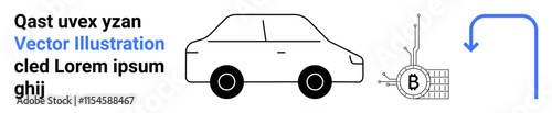 Car next to Bitcoin mining rig, blue curved arrow above. Ideal for technology, finance, cryptocurrency, transportation, predictions, juxtaposition, innovation themes. Landing page