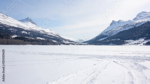 Winter Landscape with Snow-Covered Mountains and Frozen Lake View photo