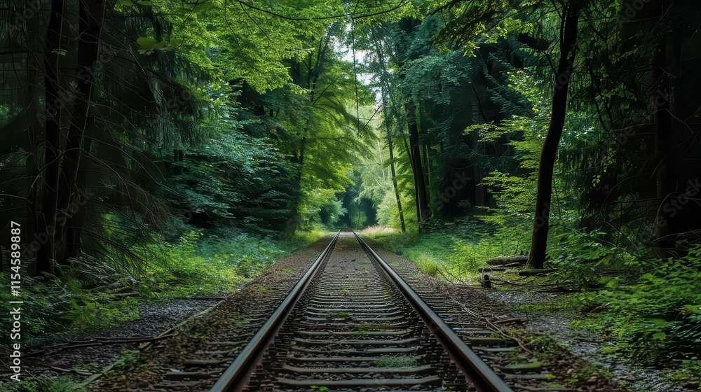A serene view of railway tracks winding through a lush green forest. A serene view of railway tracks winding through a lush green forest.