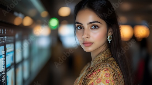 Young Woman Posing Elegantly Near Illuminated Screens
