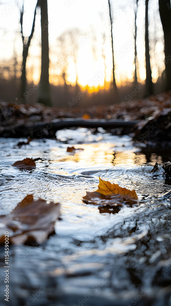 Frozen stream, autumn leaves, sunset forest background, nature tranquility, website banner. Frozen stream, autumn leaves, sunset forest background, nature tranquility, website banner.