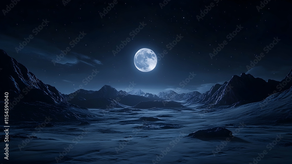Fototapeta premium Full Moon Night, Mountain Range Landscape, Starry Sky, Serenity, Desktop Wallpaper.