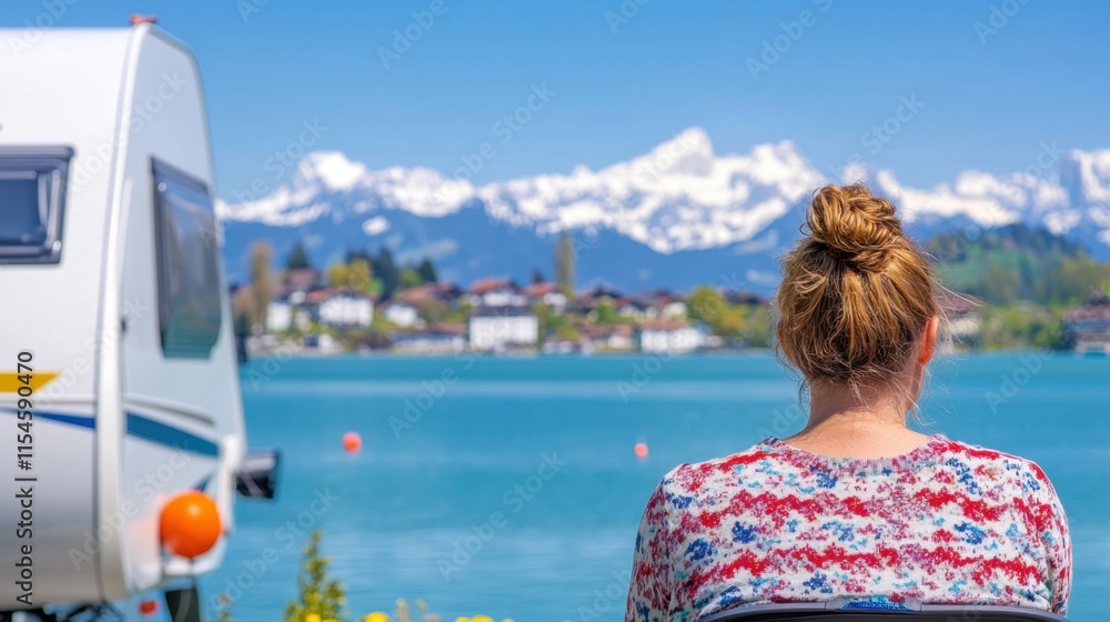 Fototapeta premium Serene Lakeside View with Woman Relaxing Near Camper and Snowy Mountains