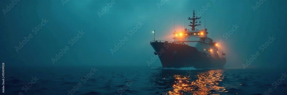 Fototapeta premium A spotlight shines on the vessel's deck as it navigates through the dense fog, beam, light