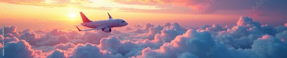 Obraz premium Clouds below with an airliner passing through the sky, with hues of orange and pink in the background, aeroplane, flight