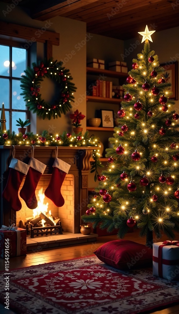 Cozy winter evening with fireplace, Christmas tree, and stockings hung above, warm lighting, festive decor, holly Cozy winter evening with fireplace, Christmas tree, and stockings hung above, warm lighting, festive decor, holly