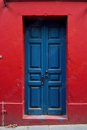 Dark blue and red stripe running vertically down the side of a old wooden door, red, background, vertical stripe photo