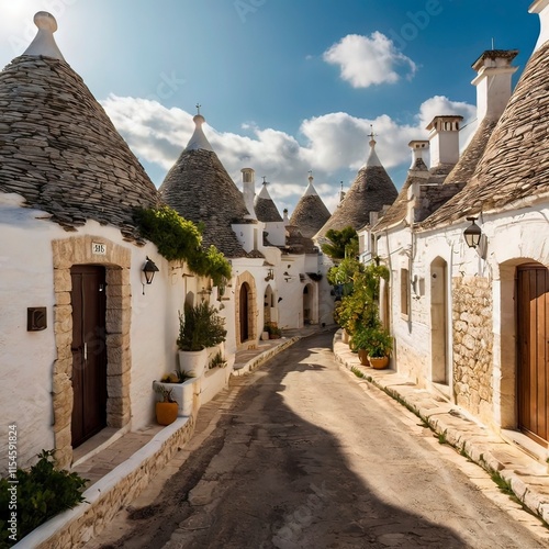 Sunshine on summer vacation in trulli town of Alberobello in Puglia, Italy with generative ai