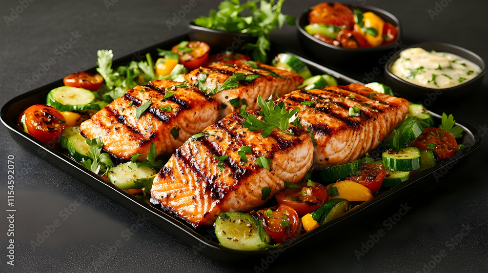 Grilled salmon with vegetables, sauce, dark background, healthy food platter, recipe image. Grilled salmon with vegetables, sauce, dark background, healthy food platter, recipe image.