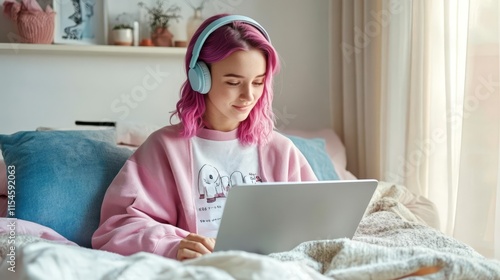 Hipster teen girl school student with pink hair wear headphone write notes watch video online webinar learn on laptop sit in bed distance elearning course video conference pc call in bedroom at home.

