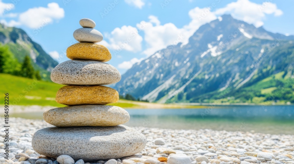 Tranquil Stack of Stones Against Scenic Mountain Lake Background Tranquil Stack of Stones Against Scenic Mountain Lake Background