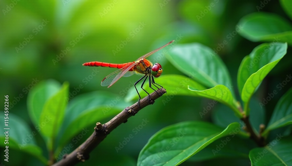 Dragonfly resting on a branch with lush foliage surrounding it, greenery, tree Dragonfly resting on a branch with lush foliage surrounding it, greenery, tree