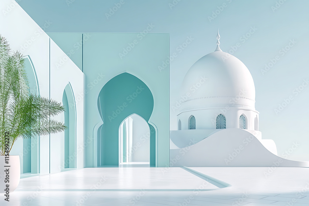 Mint Architecture: Archways, Dome, and Palm in Minimalist Islamic Design. Mint Architecture: Archways, Dome, and Palm in Minimalist Islamic Design.
