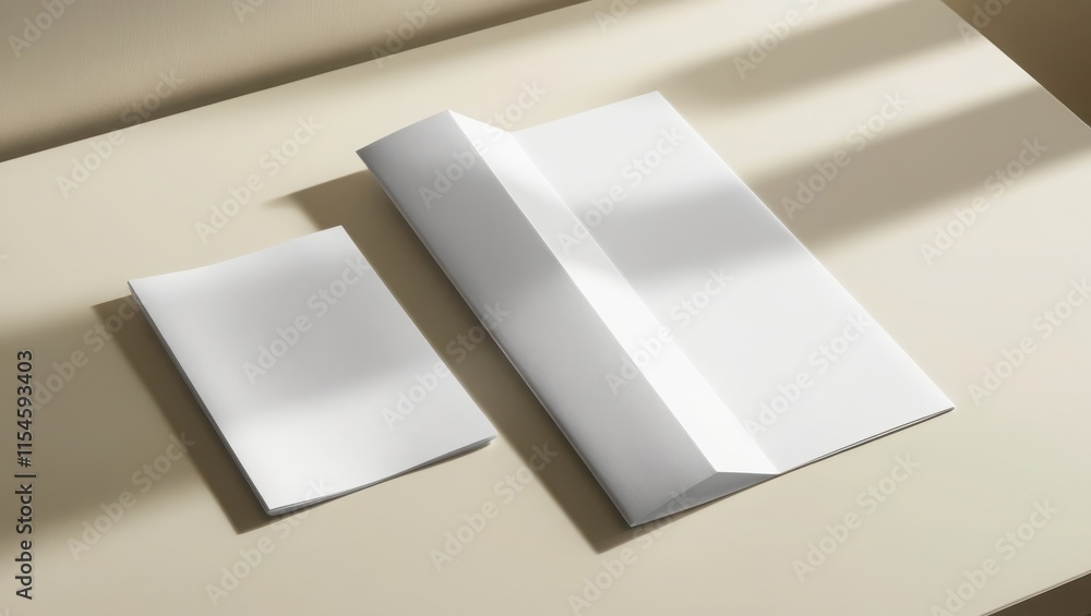 Blank brochures on a beige surface showcasing design templates Blank brochures on a beige surface showcasing design templates