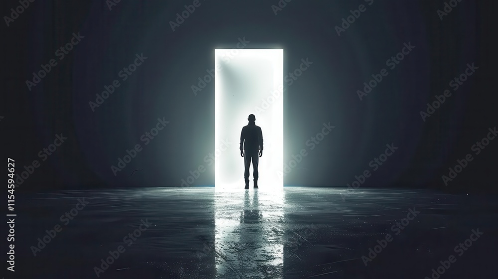 A silhouetted figure stands before a glowing doorway in a dark environment. A silhouetted figure stands before a glowing doorway in a dark environment.